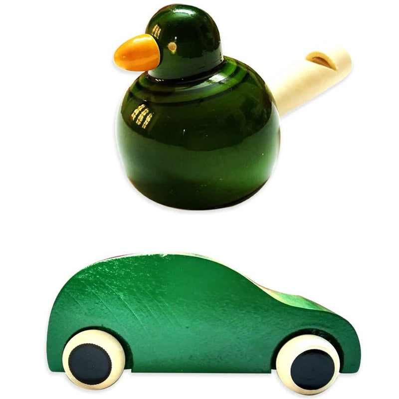 Handmade Non Toxic Channapatna Wooden Toy - Green Car and Green Whistle