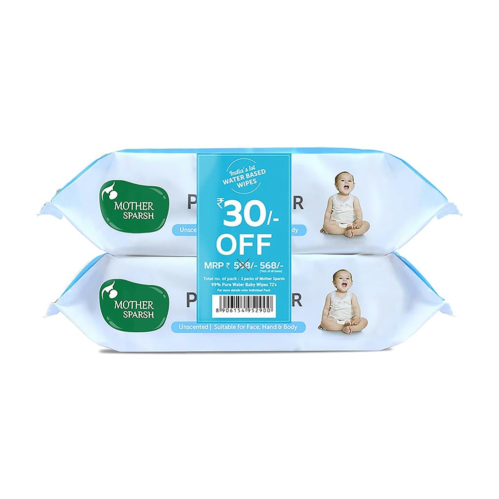Mother Sparsh 99% Pure Water Unscented Baby Wipes | Extra Gentle | Extra Thick | Pack of 2 (72 Pieces each)