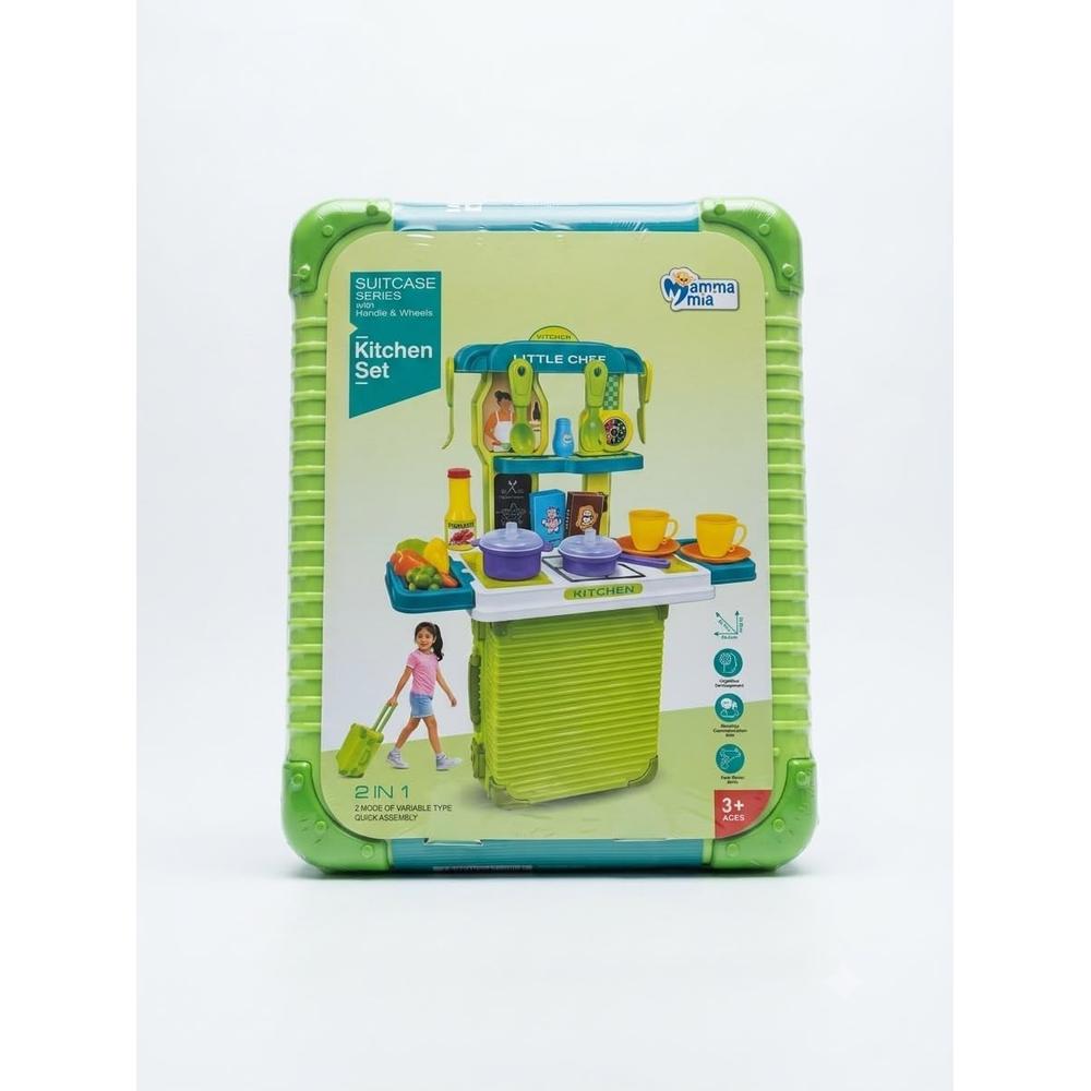Mamma Mia 2 in 1 Kitchen Play Set & Trolley Suitcase Toy Green | Pretend Cooking Role-Play Set for Kids