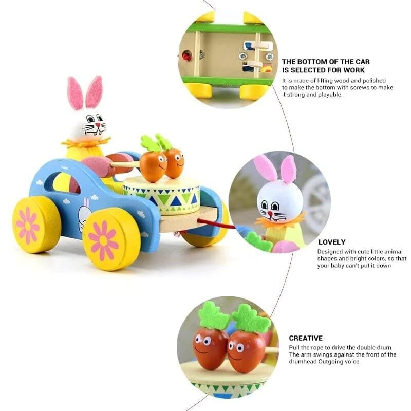 Wooden Drum Musical Pull Along Toy | Baby Early Walking Pull Toy (Rabbit)