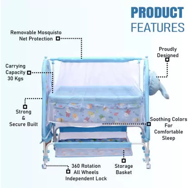 Cute Elephant Face Baby Cradle with Soft Cushion (Blue) | COD not Available