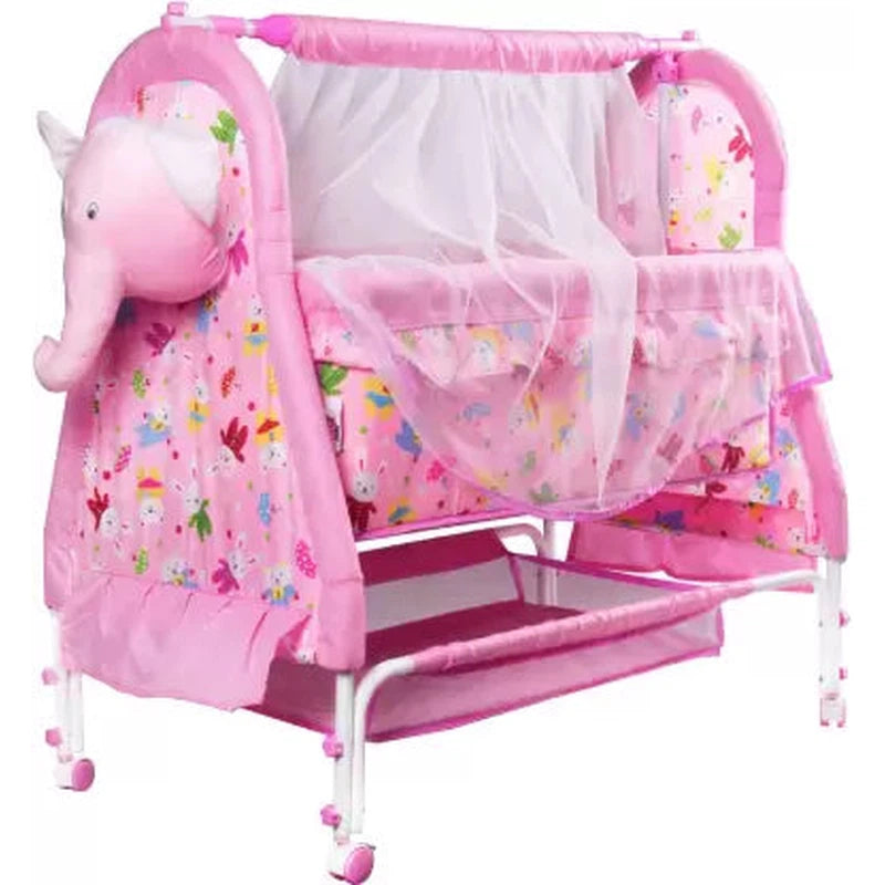 Baby Bassinet Cradle With Mosquito Net - Canopy And Wheels - Cute Elephant Face (Multicolor) | COD not Available