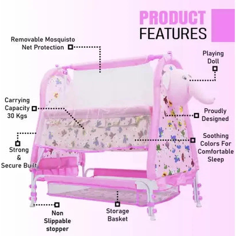 Baby Bassinet Cradle With Mosquito Net - Canopy And Wheels - Cute Elephant Face (Multicolor) | COD not Available