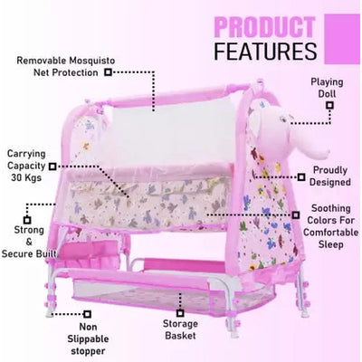 Baby Bassinet Cradle With Mosquito Net - Canopy And Wheels - Cute Elephant Face (Multicolor) | COD not Available