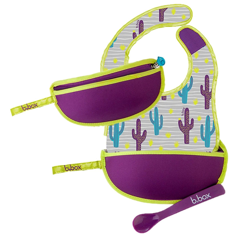 Travel Bib & Flexible Soft Bite Spoon Set Cactus Capers Purple Grey