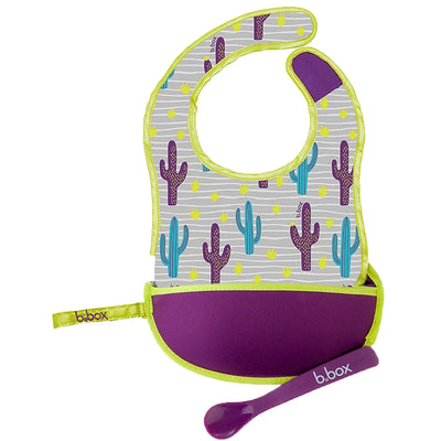 Travel Bib & Flexible Soft Bite Spoon Set Cactus Capers Purple Grey