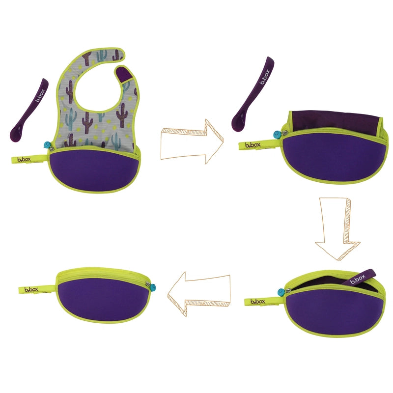 Travel Bib & Flexible Soft Bite Spoon Set Cactus Capers Purple Grey