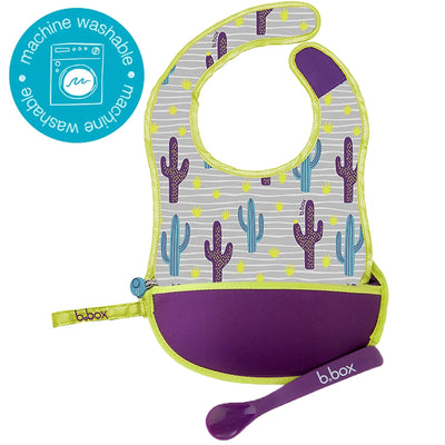 Travel Bib & Flexible Soft Bite Spoon Set Cactus Capers Purple Grey