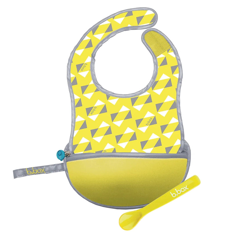 Travel Bib & Flexible Soft Bite Spoon Set Pine Splice Yellow Grey