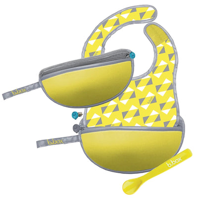 Travel Bib & Flexible Soft Bite Spoon Set Pine Splice Yellow Grey