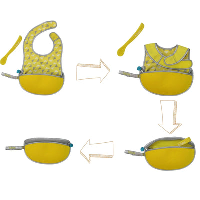 Travel Bib & Flexible Soft Bite Spoon Set Pine Splice Yellow Grey