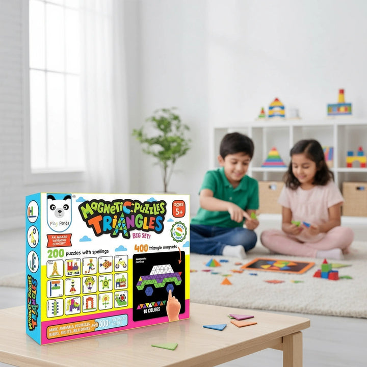 Play Panda Magnetic Puzzles - Big Triangles I 400 Magnets, 200 puzzles, Magnetic Board and Display Stand