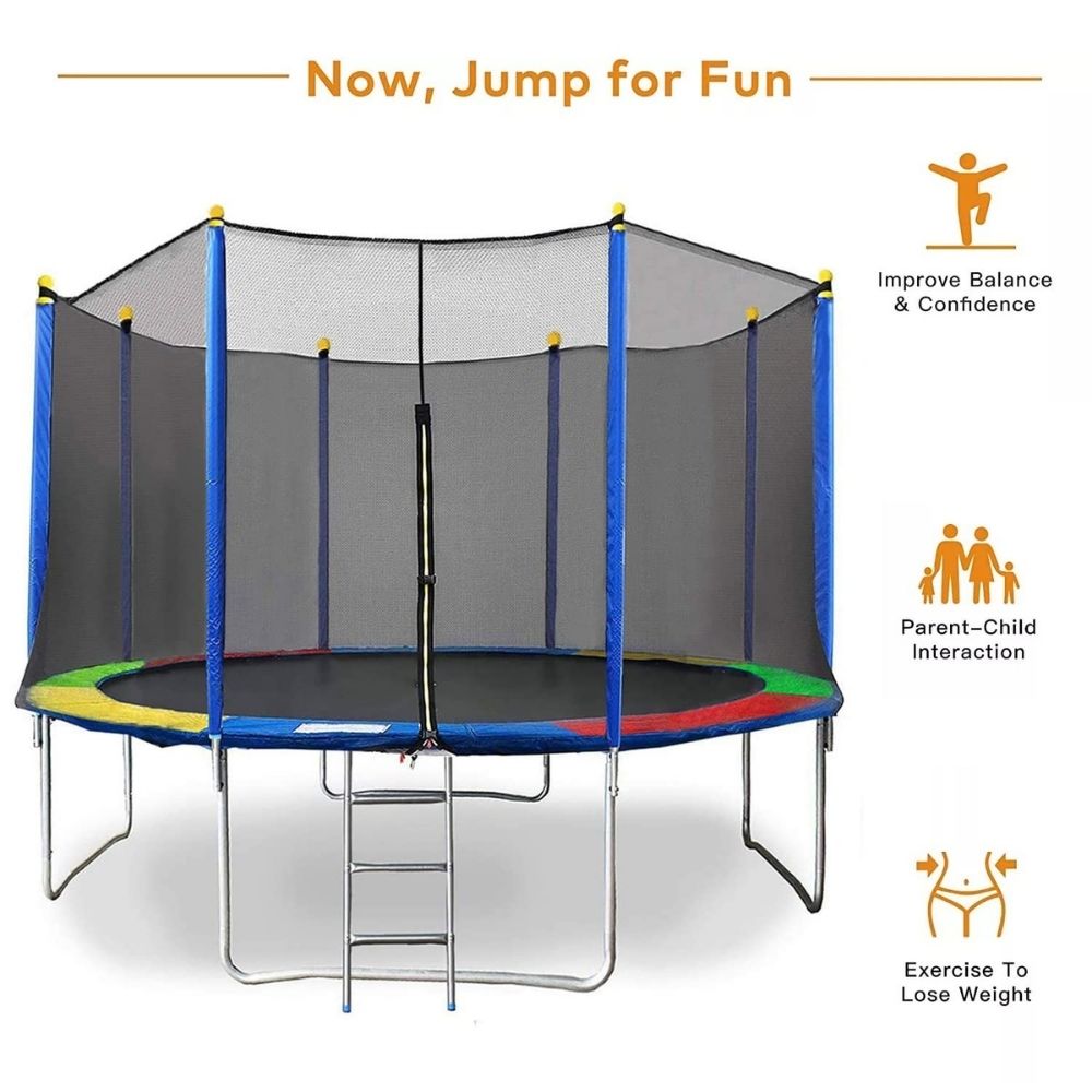 14 Feet Trampoline with Enclosure Safety Net & Jumping Pad (Rainbow Color Trampolines) - COD Not Available