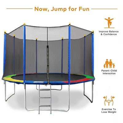 14 Feet Trampoline with Enclosure Safety Net & Jumping Pad (Rainbow Color Trampolines) - COD Not Available