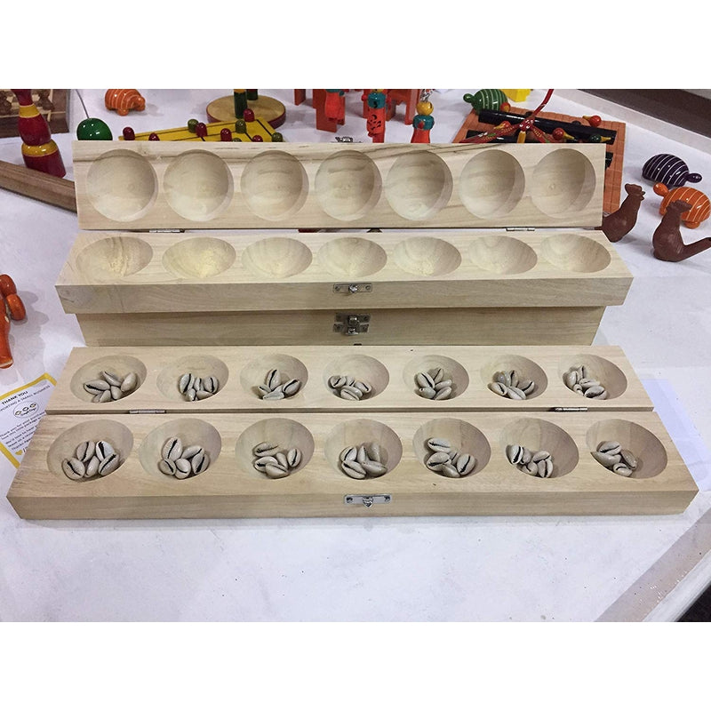 Pallanguzhi Wooden Board Game with 80 Cowrie Shells (Ali Guli Mane / Vamana Guntalu / Mancala)