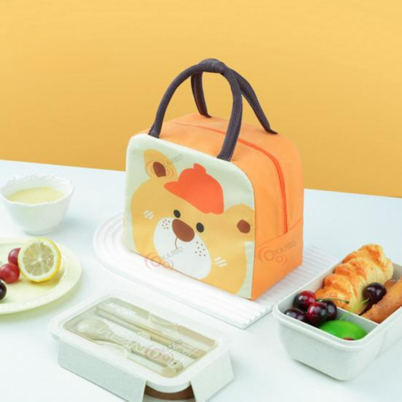 Insulated Lunch Box Bag with Aluminium Foil Insulation |  Orange Colour, Cap Teddy Design