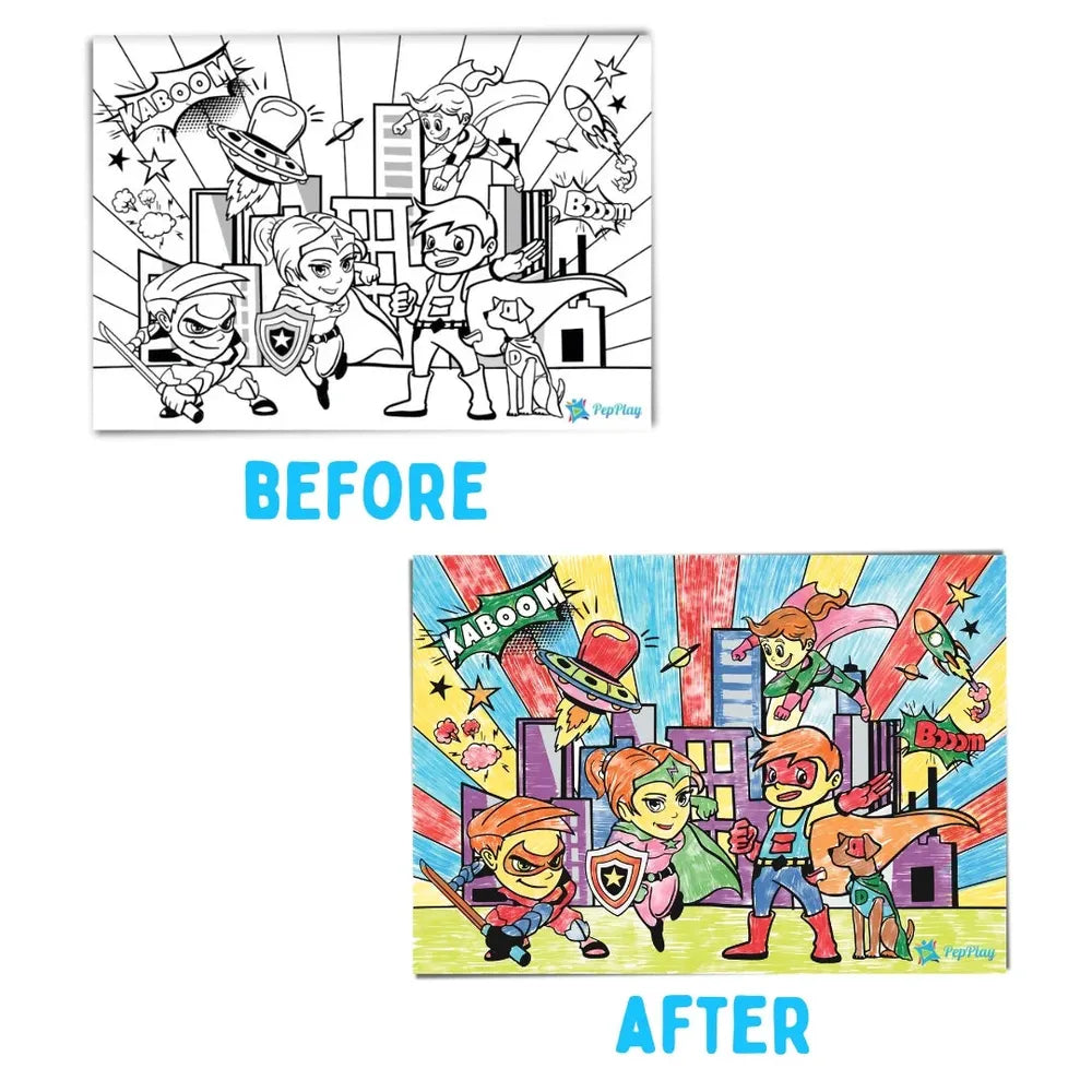 PepPlay Recolourables Colour & Wipe Placemats - Super Power | Reusable Wet-Erase Colouring