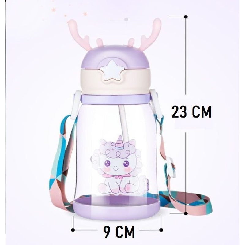 Multicolor Cartoons Printed Kids Water Bottle 550ml Capacity Cute Antler-Shaped with Straw Lid, Detachable Holding Cover Strap (Assorted Colours)