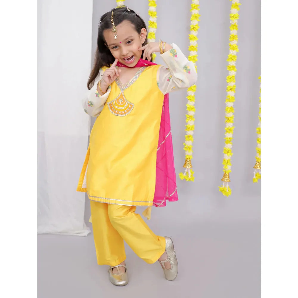 The Wishing Closet Mustard White Chanderi Emb Kurta Set - 6 Months to 5 Years