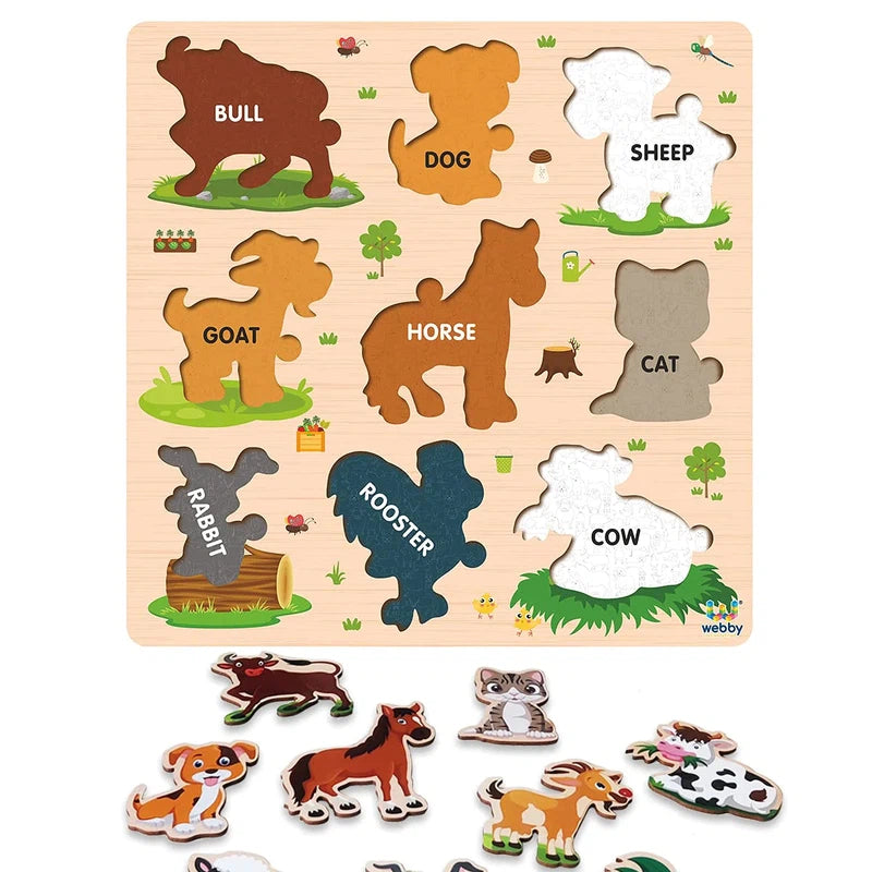 Wooden Farm Animals Montessori Educational Pre-School Puzzle Board (2-4 Years)