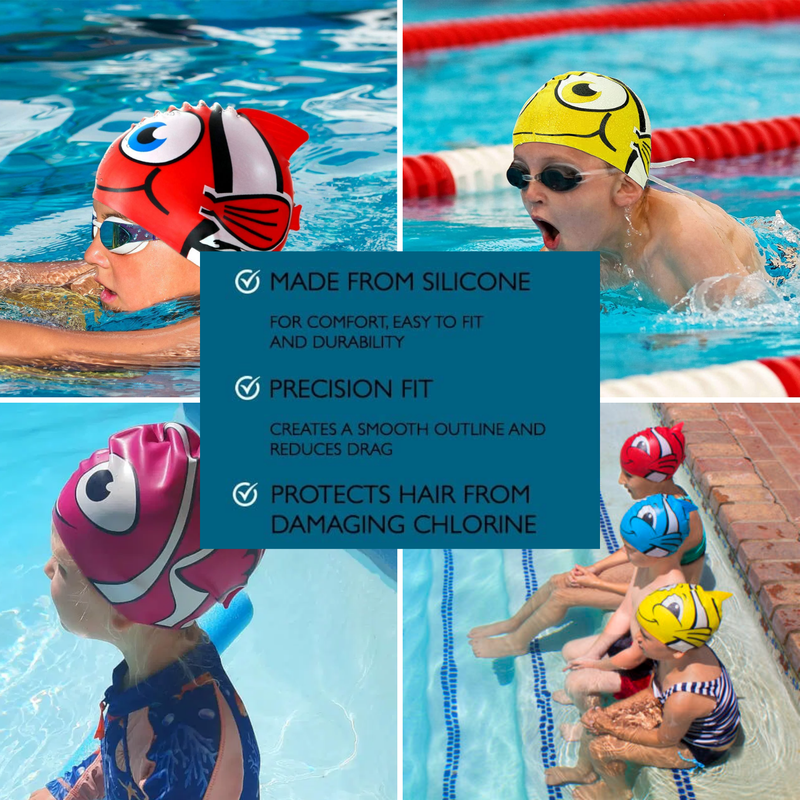 Fish Design Silicone Swimming Cap for Kids Water Blue Mix