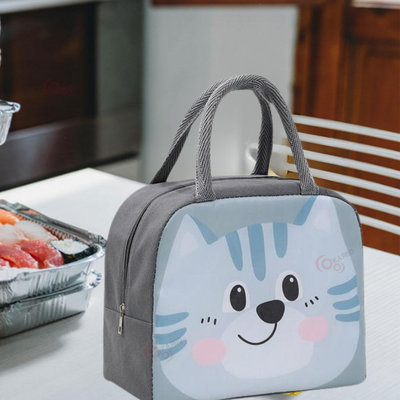 Insulated Lunch Box Bag with Aluminium Foil Insulation | Grey Colour, Blue Cat Design