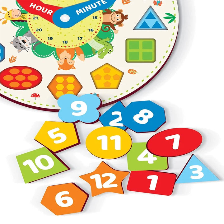 Wooden Early Educational Teaching Clock-Time & Shapes Sorting Toy for Kids, 12 Pcs (Round)