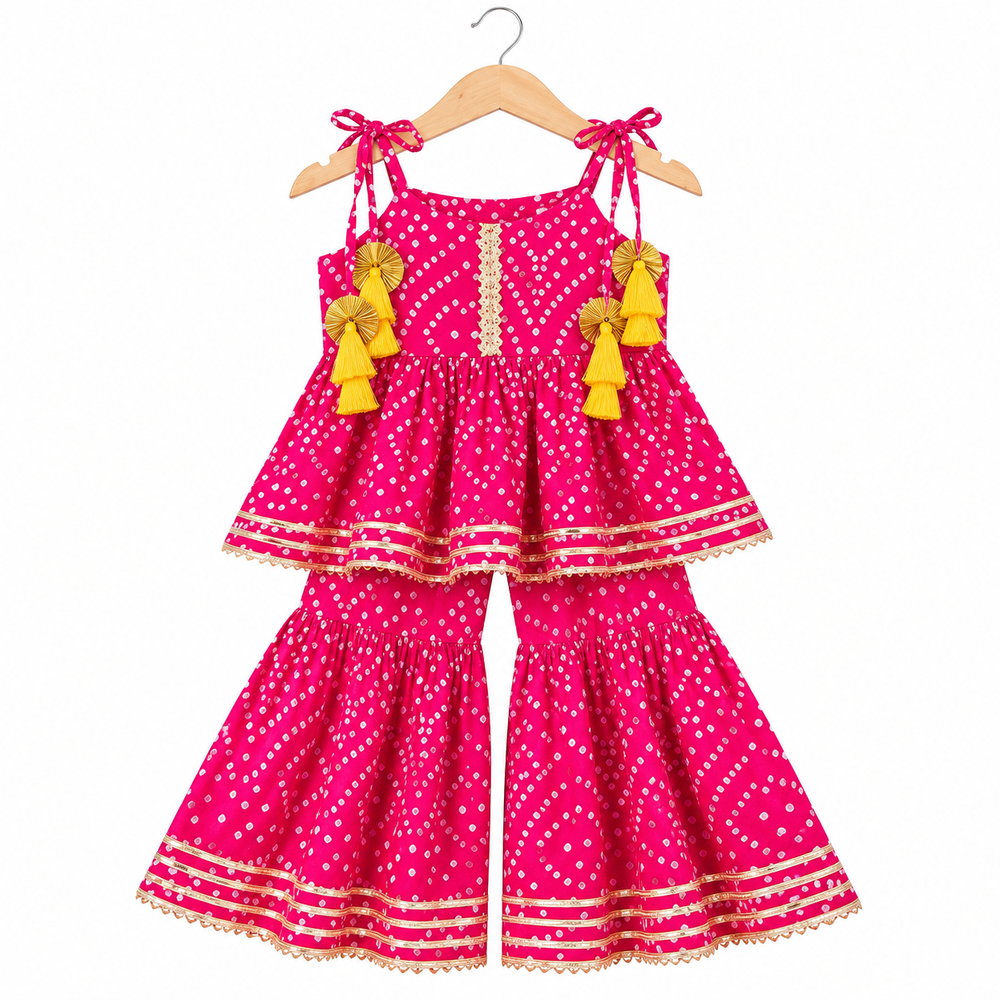 Saka Designs Girls Magenta Bandhani Printed Peplum Sharara Set | Shoulder Tie-Up with Yellow Tassels | Traditional Festive & Wedding Wear