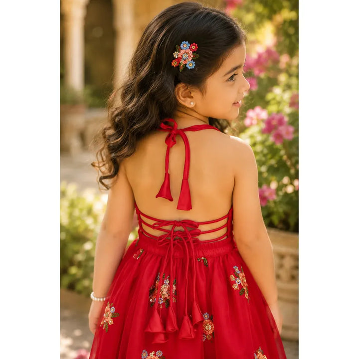 Saka Designs Ethnic Girls Embroidered Mirror Red Lehenga Choli