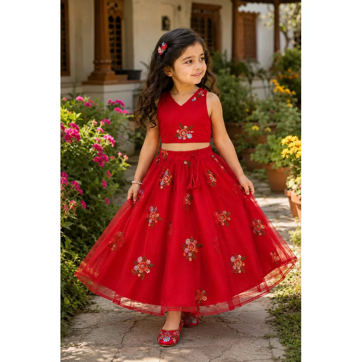 Saka Designs Ethnic Girls Embroidered Mirror Red Lehenga Choli