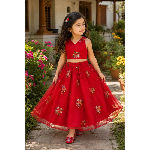 Saka Designs Ethnic Girls Embroidered Mirror Red Lehenga Choli