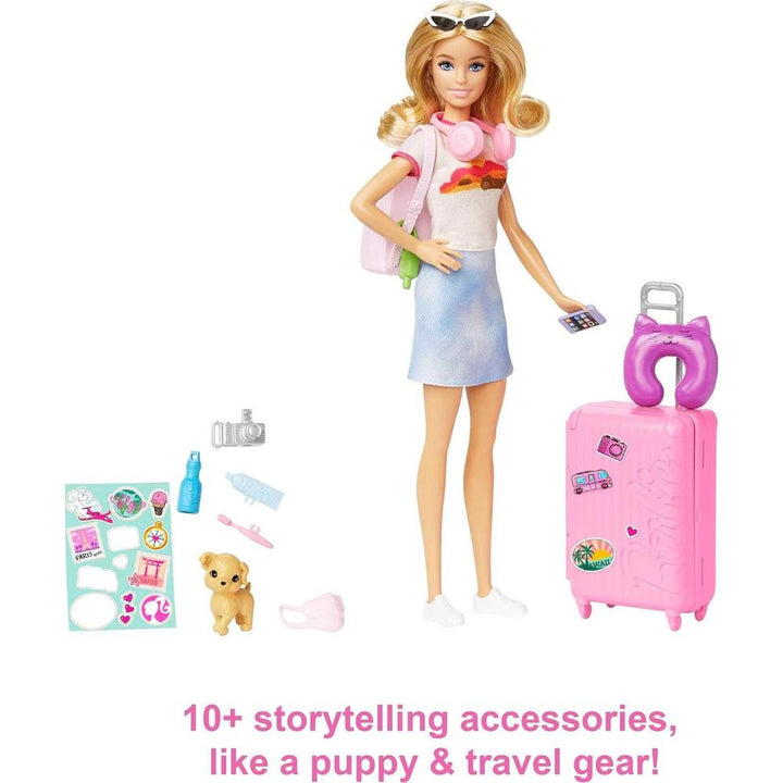 Mattel Original Licensed Barbie “Malibu” Travel Set | Barbie Doll with Puppy & 10+ Travel Accessories
