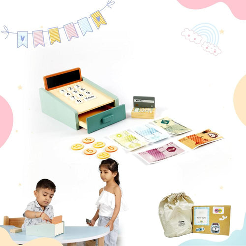 Little Ginnie 15 Pieces Wooden Cash Register Pretend Play Set | Credit Card, Coins & Bills