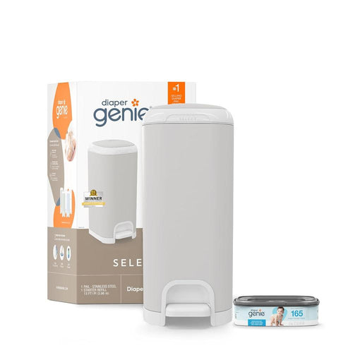 Diaper Genie Select Diaper Pail with Starter Refill - 13ft | Odor-Lock System with Push N Lock Clamp | Grey