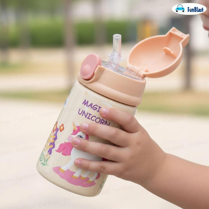 FunBlast Magical Unicorn Water Bottle for Kids | Insulated Stainless Steel Sipper Bottle with Straw | 300 ml
