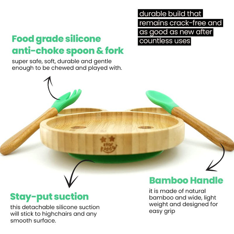 Teddy Bamboo Suction Plates for Baby and Toddler | Weaning Spoon & Fork | Green