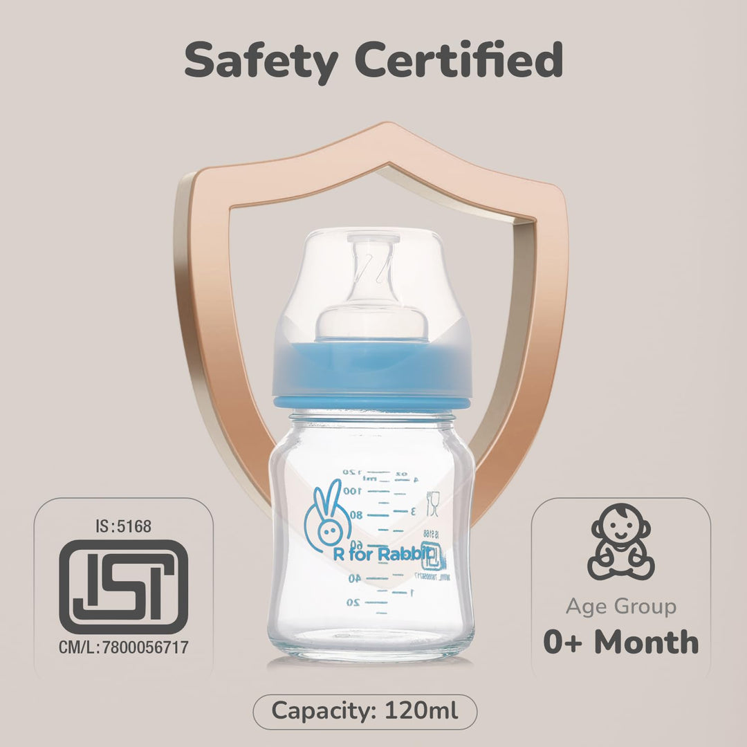 R for Rabbit Glass Feeding Bottle 120ml - Lake Blue