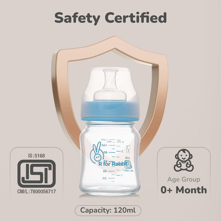 R for Rabbit Glass Feeding Bottle 120ml - Lake Blue