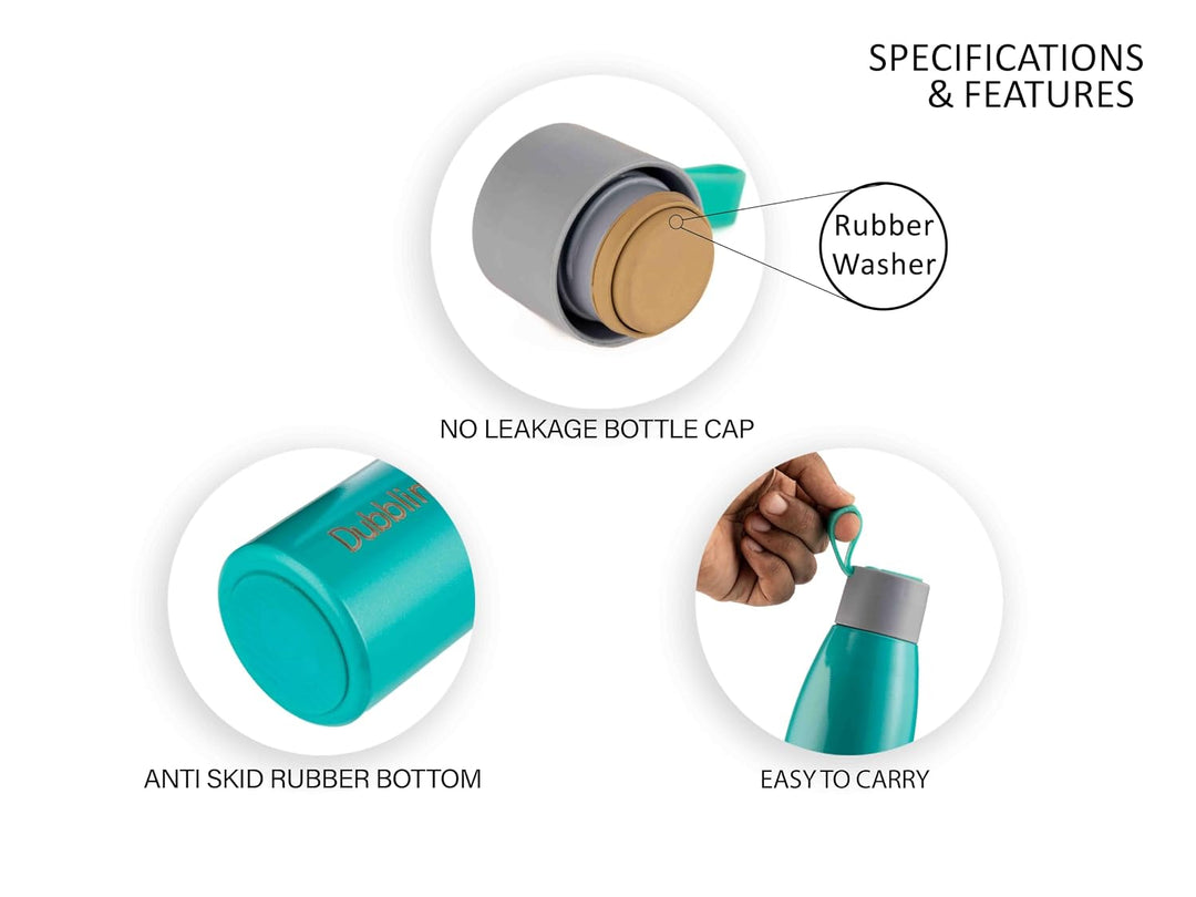 Dubblin Dolphin Insulated Stainless Steel Water Bottle - 550ml | Keeps Water Hot & Cold - Green