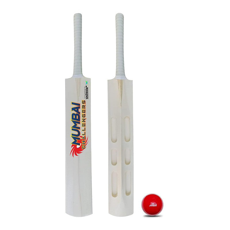 Jaspo Mumbai Challengers Scoop Poplar Willow Wood Tennis Cricket Bat (11 Inches Poplar Handle) with Soft T-20 Ball (Full Size, 35 Inches) | 12+ Years