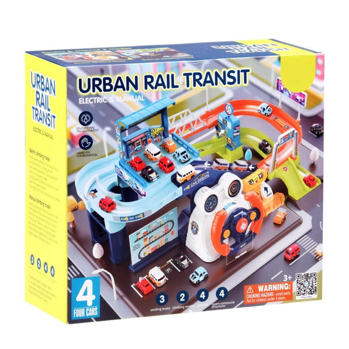 Urban Rail Transit Car Race Track Set with 4 Mini Cars | Adventure Parking Building Playset for Kids