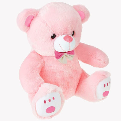 Cute Sitting Teddy Bear Soft Toy with Neck Bow and Foot Print, Pink 35 cm