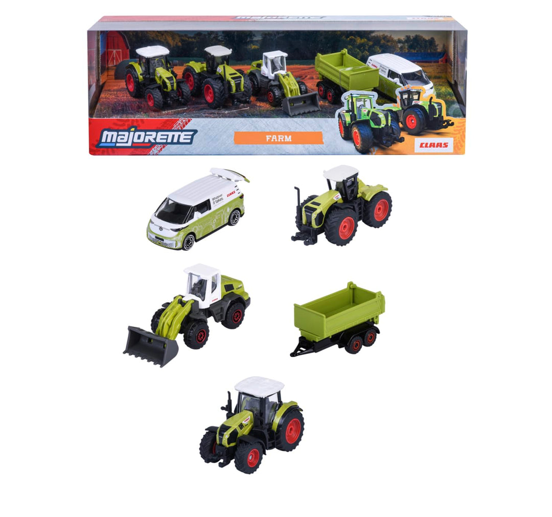 Set of 5 Licensed Majorette Diecast Cars (Farm) - Claas Arion 660, Claas Xerion 5000, Claas Torion 956-537 Sinus, Volkswagen ID. Buzz, Farm trailer
