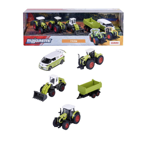 Set of 5 Licensed Majorette Diecast Cars (Farm) - Claas Arion 660, Claas Xerion 5000, Claas Torion 956-537 Sinus, Volkswagen ID. Buzz, Farm trailer