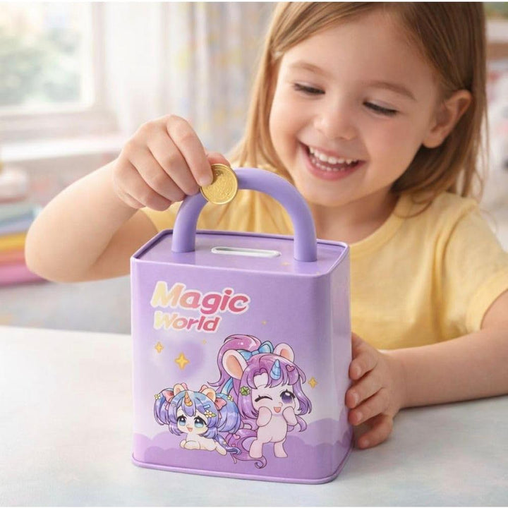 Magic World Cute Cartoon Piggy Bank with Combination Lock | Portable Money Saving & Cash Storage Box for Kids | Mini Coin Bank for Boys & Girls