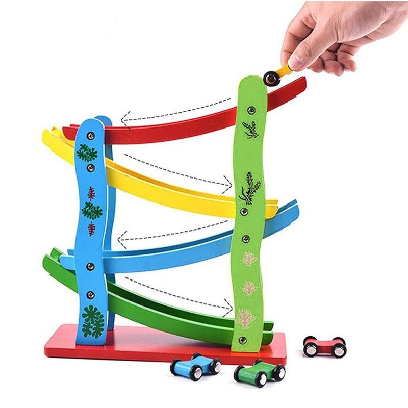 Wooden Car Ramp Race 4 Levels Toy Car Track Set with 4 Wooden Toy Cars