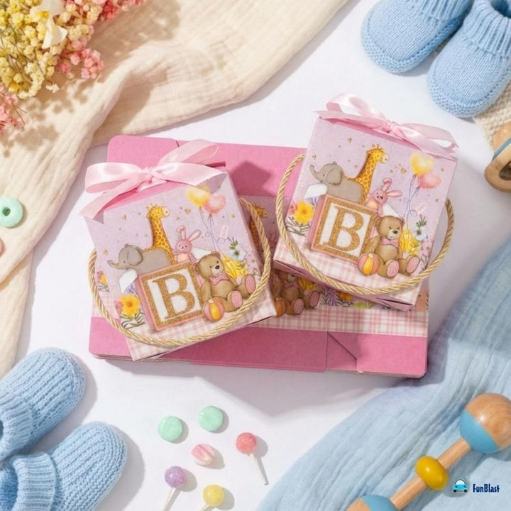 FunBlast Baby Shower Gift Boxes | Paper Folding Gift Boxes with Ribbon & Hanging Thread | Pack of 10