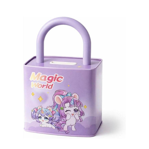Magic World Cute Cartoon Piggy Bank with Combination Lock | Portable Money Saving & Cash Storage Box for Kids | Mini Coin Bank for Boys & Girls