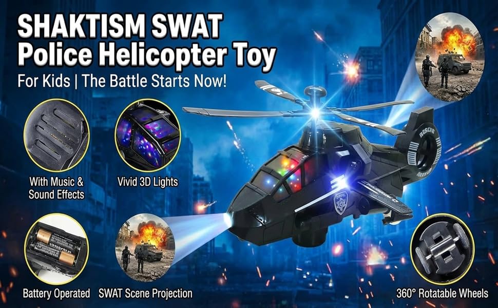 Swat Chopper Rescue Helicopter Toy | 3D Lights, Projection & Sound Effects | Rotating Propeller