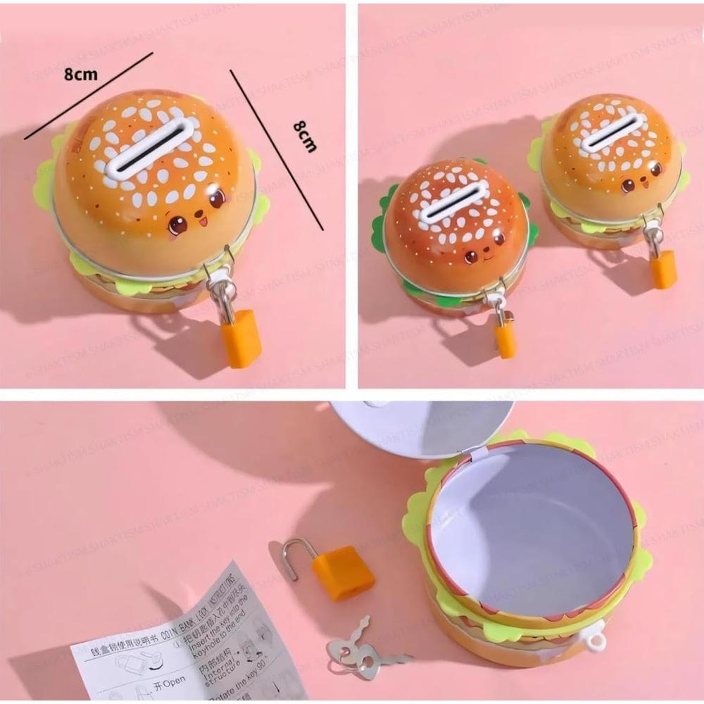 Cute Cartoon Hamburger Piggy Bank for Kids | Coin Saving Box with Lock & Key | Pack of 1